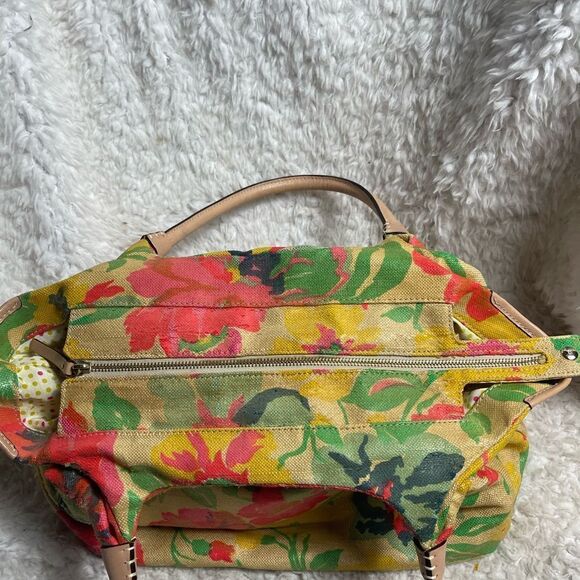 Kate Spade Burlap painted floral prints shoulder bag tan leather straps &trims - Picture 6 of 16